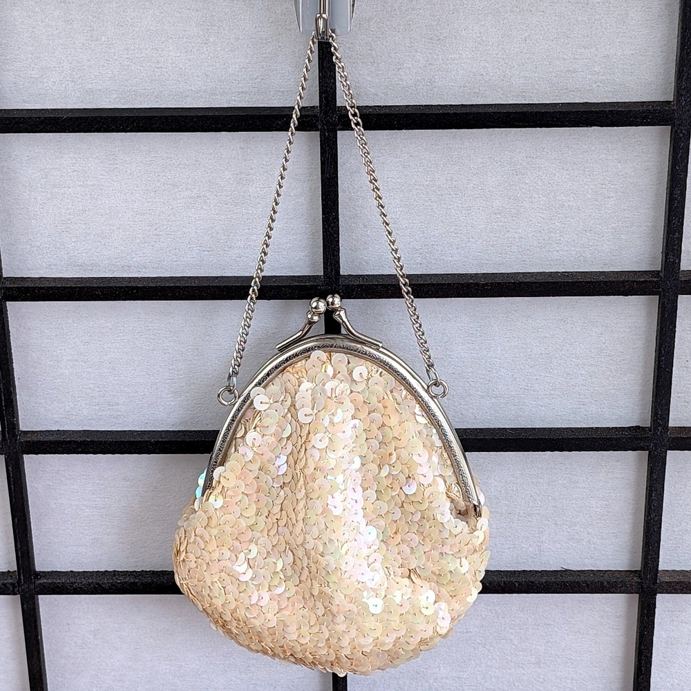 Vintage Iridescent Cream Sequin Kiss Lock Evening Bag Silver Chain Strap 6x6x2
